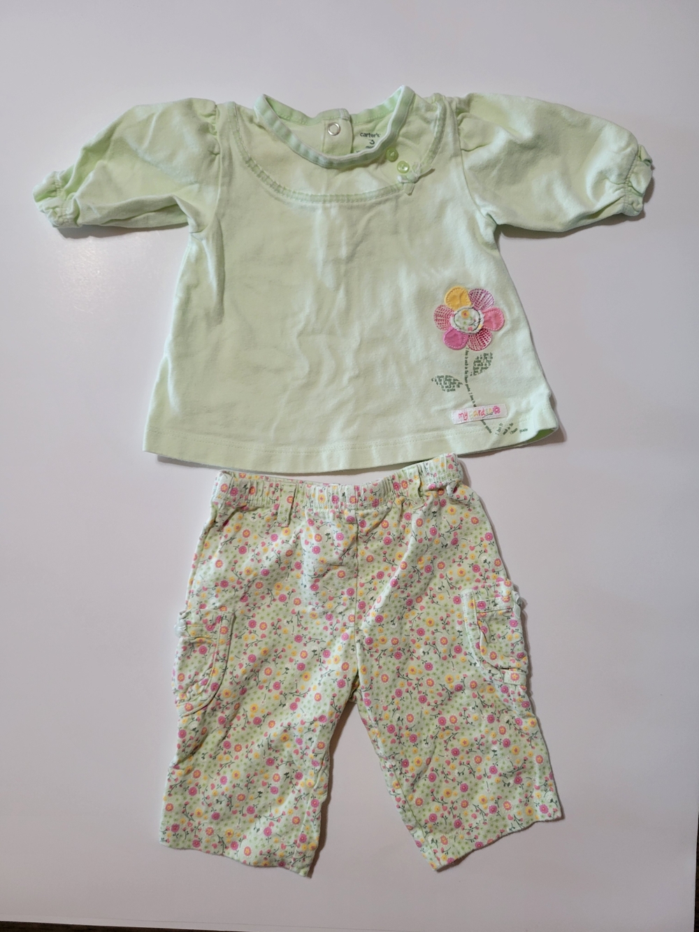 Carter’s Baby Girl 3M Outfit Set Floral Pants Green Top Spring Garden Cute